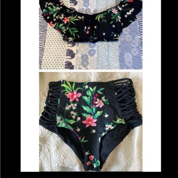 TiNi BiKiNi Black floral flounce high waisted 2 piece Xlarge bikini - Picture 12 of 16